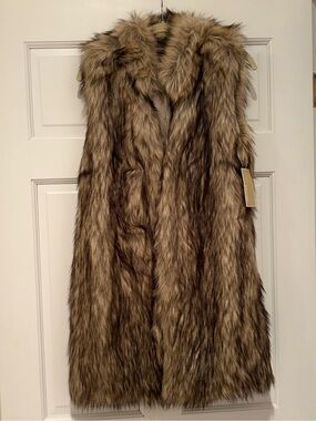 NWT Michael Kors Faux Fur Long Vest - Tan Brown